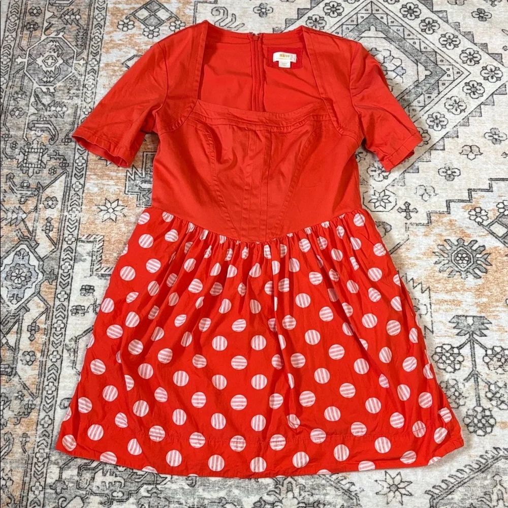ANTHROPOLOGIE X MAEVE L Short-Sleeve Square-Neck Mini Dress W polka dot skirt